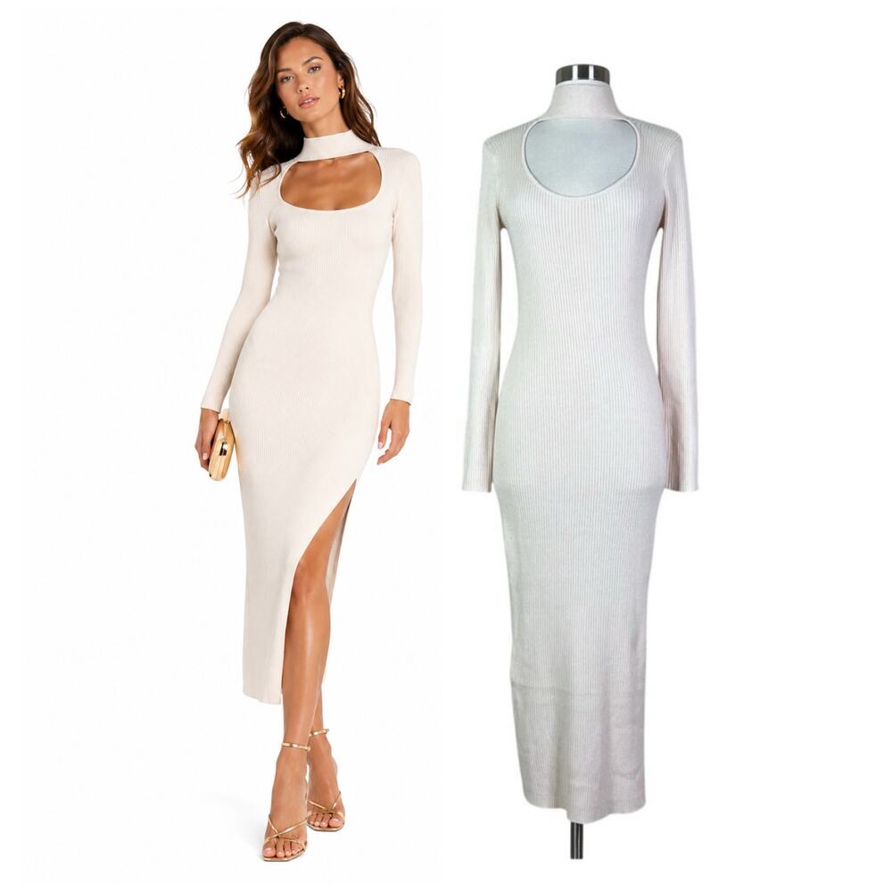 Jonathan Simkhai | Kenny Rib Sandstone Cream Beige Knit Cutout Slit Midi Dress M